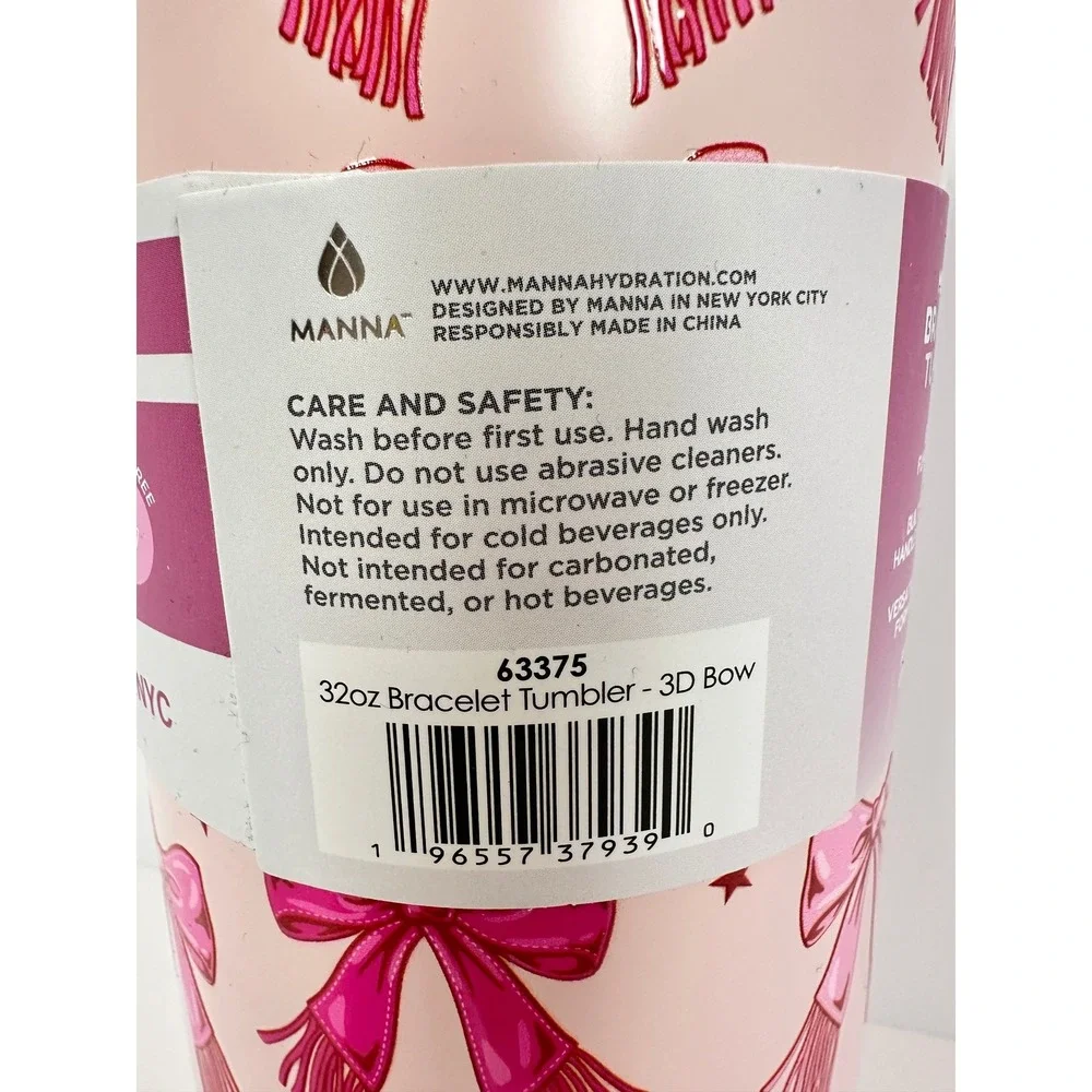 Manna Bracelet Tumbler Women 32oz‎ Pink NEW 3D Bow Stainless Steel Straw Handle